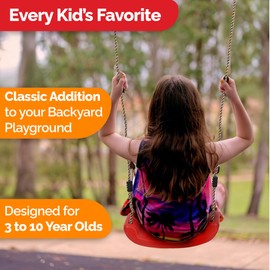 WonkaWoo Plastic Swing Seat with Adjustable Rope, 16" x 4" Red Swing for Kids, Includes Hanging Rope & Carabiners for Outdoor Playground Sets, Trees & Ninja Slackline Course
