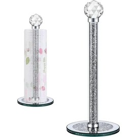 Crystal Paper Towel Holder, 34cm Countertop Stand with Sparkly Diamond Design, Silver Glass Base