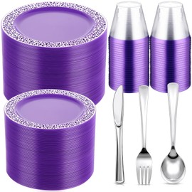 Norme 300 Pieces Disposable Plastic Dinnerware Set, 100 Plastic Plates, 150 Knives, Forks and Spoons with 50 Rimmed Plastic Cups for 50 Guests Wedding Party Supplies (Purple Silver)