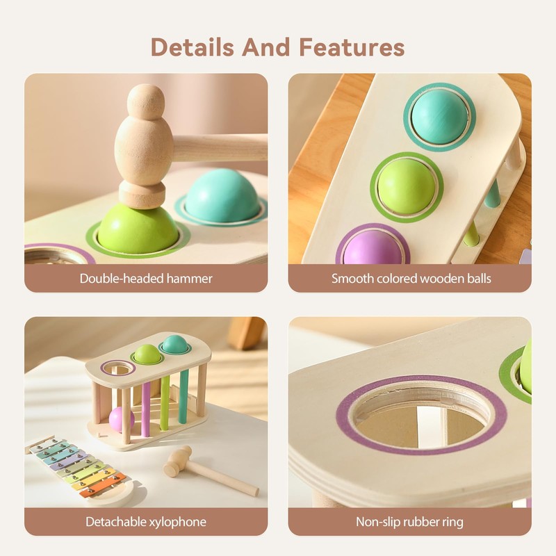 WOODEN TEETHER 2-in-1 Wooden Hammering Pounding Toy with Xylophone, Montessori