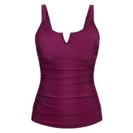Firpearl Women Underwire Tankini Top Only V Wire Modest Swimsuits Ruched Tummy Control Bathing Suit Tops, Amaranth, 14