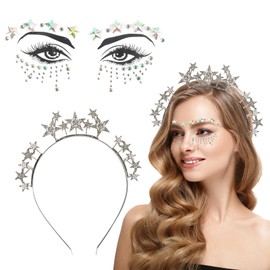 TIVUNORON Headband Stars Silver Set, Stars Hair Band, Face Tattoo, Hair Accessories, Stars, Rhinestone Headband for Women and Girls