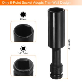 QUARKZMAN Deep Thin Wall Impact Socket 22 mm Metric 6 Point Socket 1/2 Inch Square Drive 5 Inch Extra Long Phosphated CR-V Steel Industrial Grade Spindle Axle Nut Socket, Black