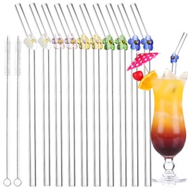Reusable Glass Straws 10 PCS with 2 Cleaning Brushes, Cute Colorful Flower Glass Straws Reusable Straws Dishwasher Safe for Smoothies, Milkshakes, Juices, Teas