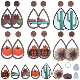 SUNNYCLUE 1 Box 65Pcs Wood Earring Making Kit Wood Charms Wooden Teardrop Charm Sunflowers Pumpkins Maple Leaf Charm Autumn Fall Charm Thanksgiving Charms for jewellery Making Kits Women DIY Supplies