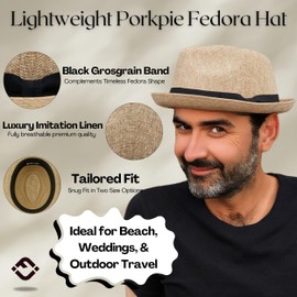 Funky Junque Mens Summer Porkpie Hat, Small Pork Pie Fedora with Black Band, Lightweight Breathable Linen, UPF 50+ Sun Protection, Packable, Sizes S/M L/XL - Sand