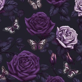 BOKEBEVE Dark Purple Floral Wallpaper Butterfly Contact Paper Renter Friendly Wallpaper for Backsplash Shelf Liner Cabinet Countertop Removable 17.5 x 118In
