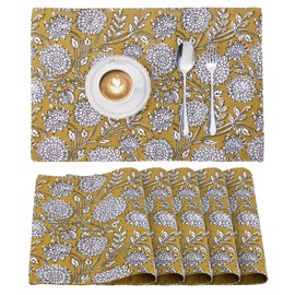 JEMIDI Set of 6 Placemats with Floral Pattern - 6 Cotton Placemats - 6 x Boho Fabric Place Mats Floral Design - Table Sets Placemats - Yellow