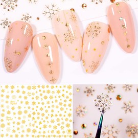 8 Sheets Gold Snowflake Nail Art Stickers,3D Christmas Theme Nail Art Accessories Decals Christmas Snowflakes Deer Leaf Designs Sticker Xmas Winter Nails Supplies Foil Sticker for Manicure Decorations