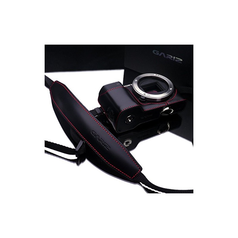 GARIZ 本革カメラネックストラップ XA-CHLSS2 ブラックレッドステッチ