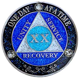 (Years 1-50) AA 20 Year Crystals & Glitter Medallion, Silver Color Plated, Black Rainbow, Blue Glitter and Three Clear Crystals, Epoxy Covered (AA 20 Year Crystals & Glitter Medallion)