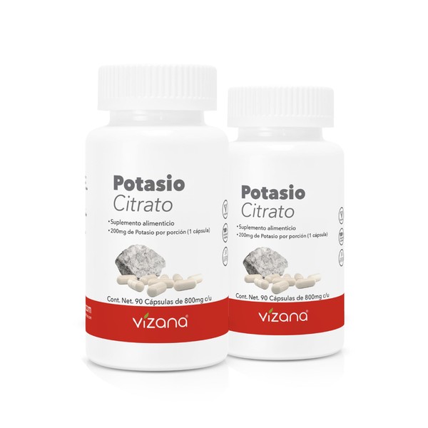 VIZANA NUTRITION | Citrato de Potasio (Citrato Tripotásico Monohidratado) en Cápsulas HPMC Vegetarianas (180 Caps-800 mg por Pack) (Pack-2 Pastilleros 90 Caps-800 mg)