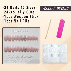 Jremg Ombre Pink Press on Nails Medium Square Fake Nails with Rhinestone Designs Glossy Pink White Gradient False Nails Glitter Powder Glue on Nails Reusable Acrylic Nails for Women Girls 24Pcs