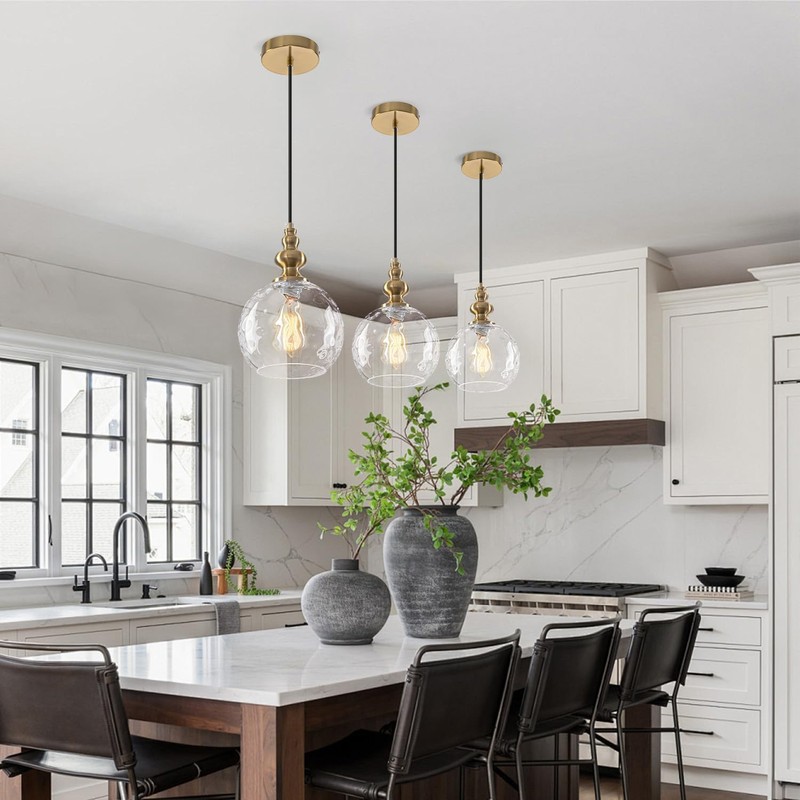 Helitemis 1-Light Brushed Brass Glass Pendant Light, Adjustable Height Modern