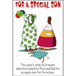 Funny Christmas Card For A Special Son - Apple Mac Mistaken For Raincoat with Apple Print