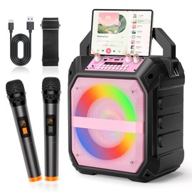 Bluetooth Karaoke Machine, Portable Karaoke with 2 Wireless Microphones, Karaoke Speaker for Adults Kids Gifts, TF/USB/AUX, with DJ Lights for Outdoor Parties, Backyard Fun (Pink)
