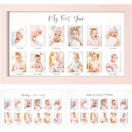 My First Year Photo Frame,12 Months Baby Picture Frame for Newborn Girl, Boy-Baby Shower Gifts Keepsakes,Monthly Baby's One Year Birthday Milestone,1st Nursery Photo Collage Display Board (Petal Pink)