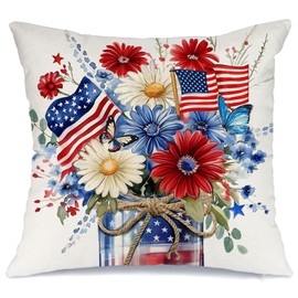 AACORS 4th of July Pillow Cover 18x18 Inch Floral Mason Jar Decorations Patriotic Holiday Pillow Case Independence Memorial Day Decor for Home Sofa Couch AA712-18