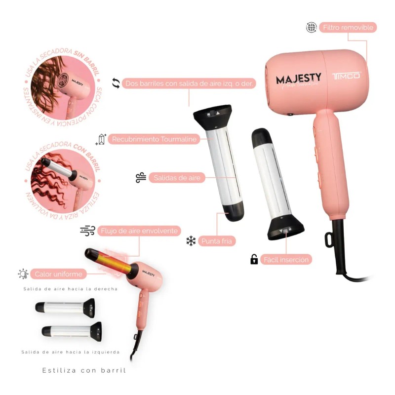 Secadora Rizador Cabello Majesty Dos Barriles 25 Mm Tourmalina Color