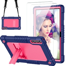 FIEWESEY for KADYBE D106 Tablet Case with 2 Pcs Screen Protector,Heavy Duty Kids Shockproof Stand Shoulder Strap Case for MEIZE D106/VOZIZOV D106/FEONAL Android 14 10.1 inch Tablet (Navy/Pink)