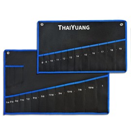 THAIYUANG 2-Pieces Tool Bag Durable Oxford Canvas Wrench Set Roll Pouches, Multi-Purpose Roll Up Tool Bag with Strap 12pockets metric+13pockets SAE (Not Including Tools)