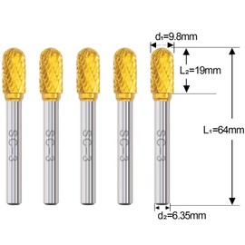 SC-3 5pcs Tungsten Carbide Burr TiN Rotary File Cylindrical Ball Nose End Shape Double Cut for Die Grinder Drill Bits 1/4'' Inch Shank and 3/8'' Inch Diameter of Cutter 3/4'' Inch Cutter Length