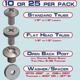 Black Chicago Screw - Thru Hole Binding Post Kit 1/8, 1/4, 3/8, 1/2 Inch Machine Screw Fasteners + Rubber Washers, QuickClipPro Kydex Leather Holster Sheath (1/8" - Flat Head 25 Pack DBL-Washer)