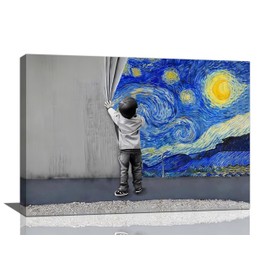 Banksy Wall Art Boys Starry Night Street Graffiti Pictures Wall Decor Kids Canvas Painting Pop Home Modern Artwork Decorations Framed for Living Room Bedroom Bathroom Office 24 x 16 inch