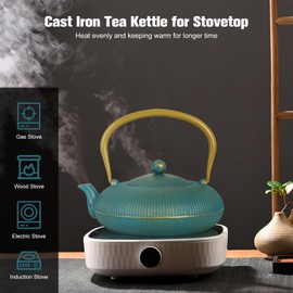 Jotsport Green Cast Iron Teapot Large Capacity 40oz/1200ml with Infuser for Loose Leaf Stovetop Safe Vertical Stripe Flat Tea Kettle, Enameled Interior