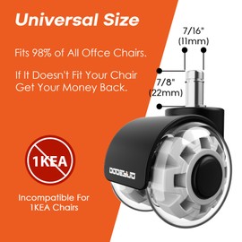 2-Inch TPU Clear Rubber Caster Wheels, 7/16-7/8 Stem, 880LB Capacity, High Elasticity, Set of 5, for Hardwood Floors, Smooth & Silent Rolling,Carpet,Office Chairs, Fits 98% Chairs, Not for 1KEA