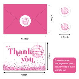 Whaline 24 Pack Disco Thank You Cards Pink Disco Ball Note Cards with Envelopes Stickers 70s Groovy Greeting Blank Cards for Disco Party Birthday Baby Shower