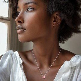 ADITA GOLD 925 Sterling Silver Pink Cubic Zirconia Necklace for Women - Necklaces for Women Silver - Minimalist - Simple Prom Necklace - Pink CZ Jewelry for Women - Silver Jewelry for Women