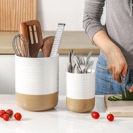 Hasense Ceramic Utensil Holder for Counter, 7.4"+5.5" Large Kitchen Utensil Organizer for Kitchen Utensil, White Cooking Utensil Crock to Hold Spatulas, Farmhouse Decor, Set of 2
