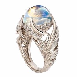 ZDIFDIC Natural Moonstone Ring for Women 925 Sterling Silver Ring Angel Wings Wedding Band Charming Diamond Engagement Promise Rings Size 6-10 (9#)
