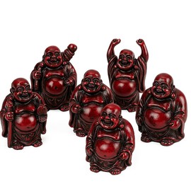 JRose Collections Set mit 6 lachenden Buddha-Statuen, 7 cm hoch, Feng Shui Glücksfiguren, rotes Kunstharz, glücklicher Buddha für Zuhause und Büro