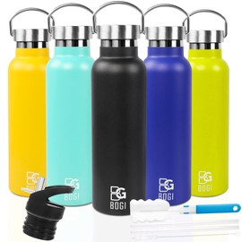 BOGI Insulated Water Bottles with Straw-600ml Stainless Steel Water Bottle Metal Water Bottles,BPA Free Leakproof Reusable Water Bottle with 2Lids,Sports Gym Water Bottle for Kids Girls Boys-Black