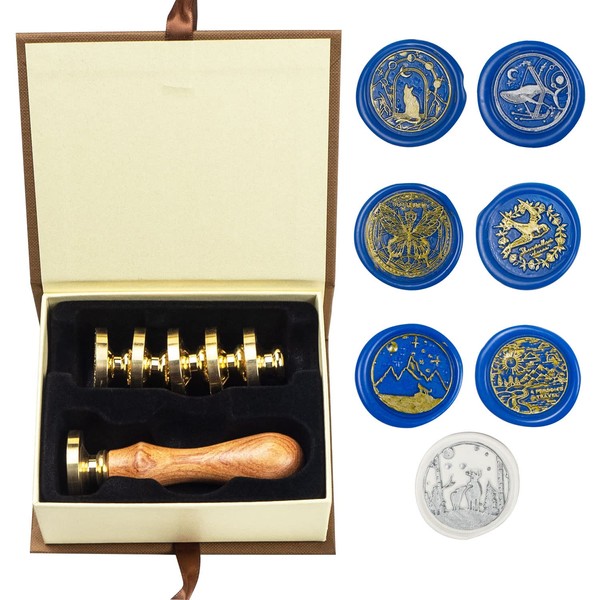 Wax Seal Stamp Set, ANBOSE Animal Wax Seal Stamp Set with 7 Pieces Removable Brass Heads and 1 Wooden Handle, Cat, Whale, Swallow, Wolf, Wax Seal Stamp for Cards, Invitations