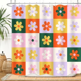 ZXMBF Retro Flower Checkered Shower Curtain Aesthetic Floral Funky Colorful Mid Century Modern Groovy Hippie Boho Home Bathroom Decor Waterproof Fabric 72Lx72W Inch with Plastic 12PCS Hooks