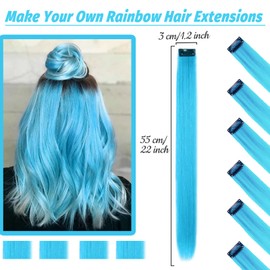 16Pcs Colored Clip in Hair Extensions, 22 Inch Colorful Highlights Hairpieces Straight & Long Heat-Resistant Synthetic Hair Accessories for Kid Girls Women Party Hair Decor (16Pcs-Sky Blue)