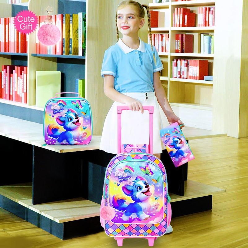 KLFVB Girls Bookbag with Wheels, 3PCS Kids Roller Backpack with