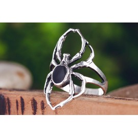 Windalf Gothic Women's Ring SPY 26 mm Silver Ring with Black Onyx Spider Jewellery 925 Sterling Silver, Fabric, Onyx