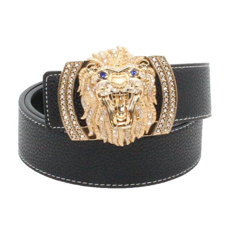 QHA Mens Womens Lion Diamond Designer Leather Belt Gold Black