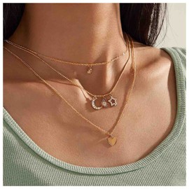 Cimenexe Bohemian Crystal Moon Choker Necklace Layered Heart Necklace Chain Rhinestone Star Necklace Gold Scallop Necklace Choker Shell Necklace Chain Jewellery for Women and Girls
