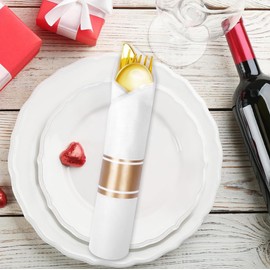 Plastic Silverware Sets with Napkins, Pre-Rolled Gold Cutlery, 25 Pack, Disposable Utensils for Parties