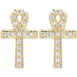 0.72 Inch Christian Cross Ankh Micro Pave Crystal CZ Stud Earrings for Women, 14k Yellow Gold Filled, Push Back Closures