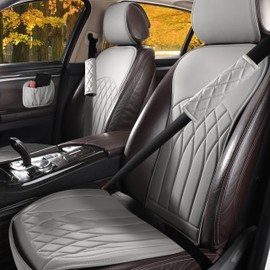 RBOKO 2 Pack Front Car Seat Covers, Faux Leather Sideless Automotive Seat Covers with Storage Pocket and Safety Belt Pads, Universal Anti-Slip, Waterproof Automotive Seat Cushions (Gray)