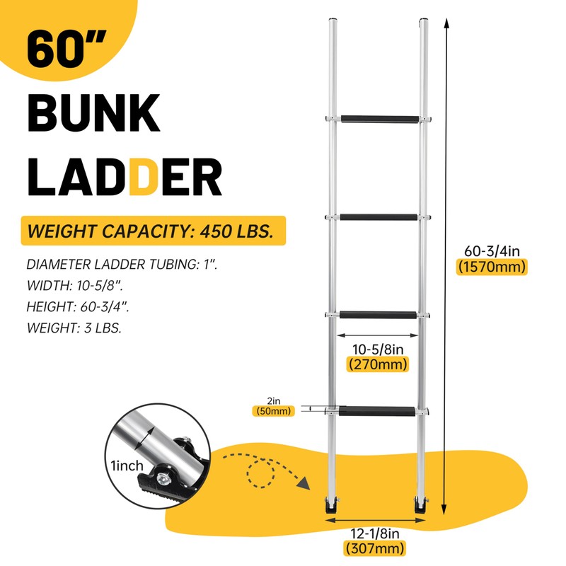 KUAFU 60'' Bunk Bed Ladder with RV W/Hook and Rubber