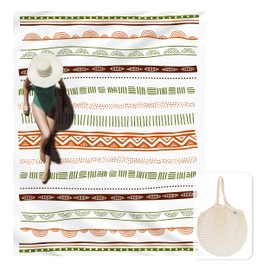 Zingtto Silky Soft 108"x84" Boho Beach Blanket Sand Proof Mat with Corner Pockets and Fashion Mesh Bag for Party, Travel, Camping, Outdoor Music Festival, Geometric Earth Tone Boho Stripe