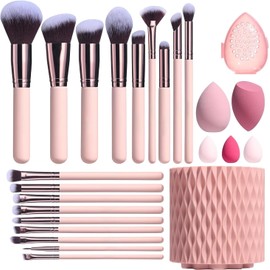 Brochas de Maquillaje Profesional 25 Piezas kit,Con 1 Soporte Para Brochas De Maquillaje,5 Puff Set Y 18 Piezas Brochas,Set de brochas cosméticas multifunction,Regalos de Navidad(Rosa)