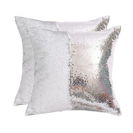 SquarePie Reversible Sequin Pillow Cover Set of 2, Mermaid Decorative Pillowcases, Magic Color Changing Flip Sequin Throw Cushion Cases, 18x18 Inches Silver and White